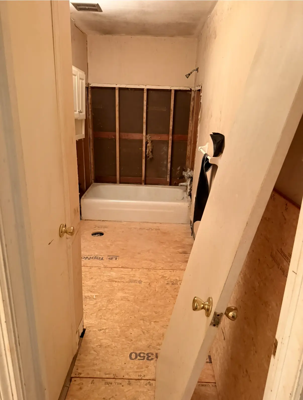 Bathroom demolition addressing floor damage and tile removal